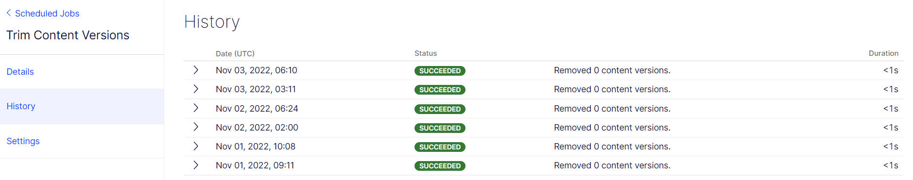 Scheduled Job History tab