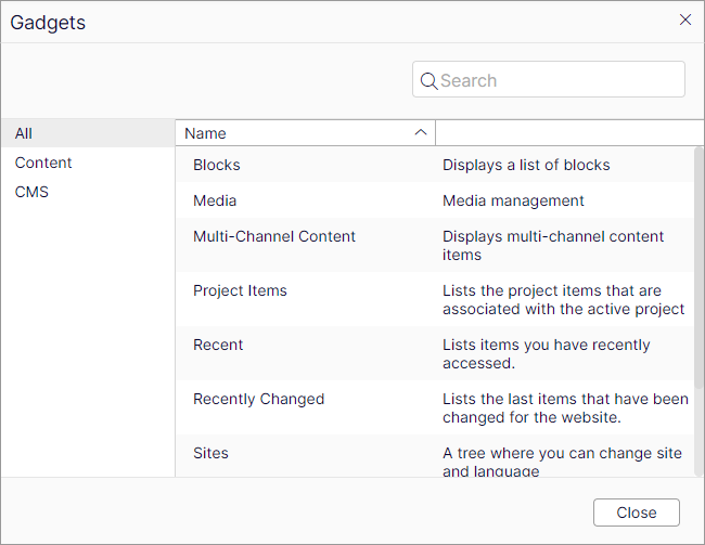 CMS12 gadgets dialog box