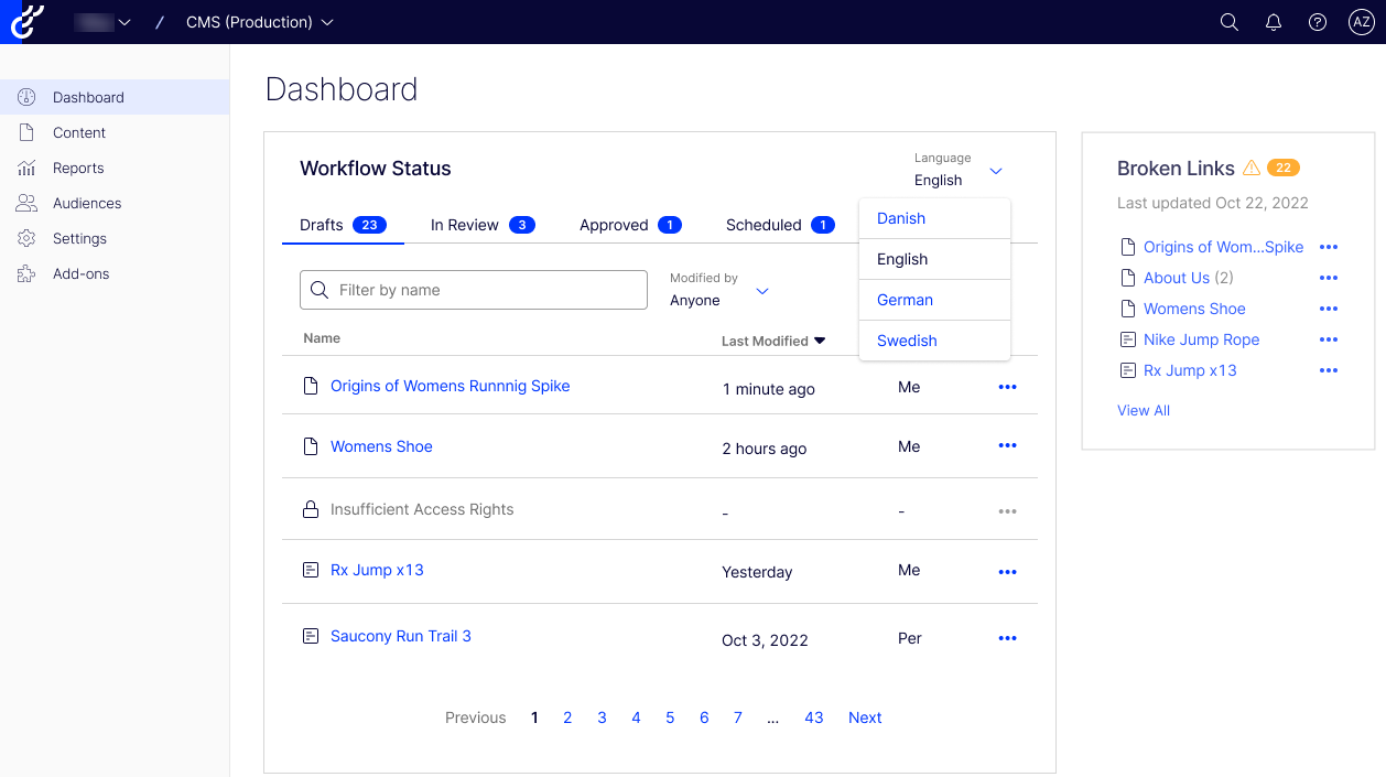 CMS Dashboard with activity
