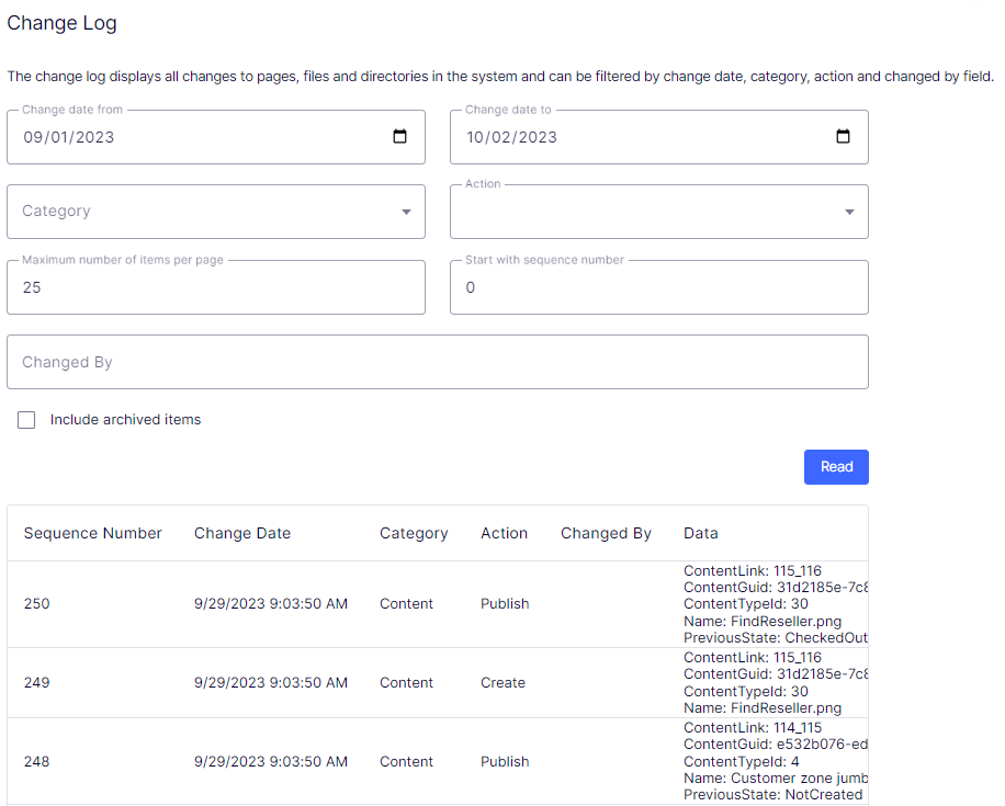 Settings Change log
