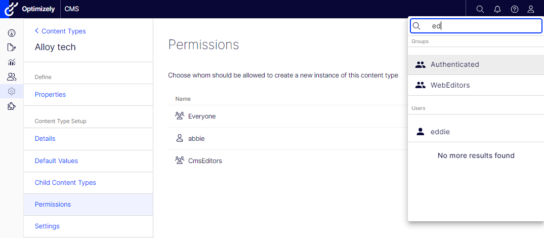 Set the values on the Permissions tab.