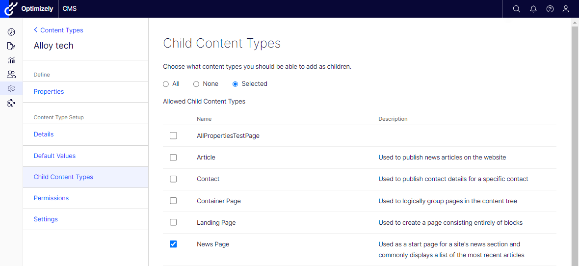 Set values on the Child Content Types tab.