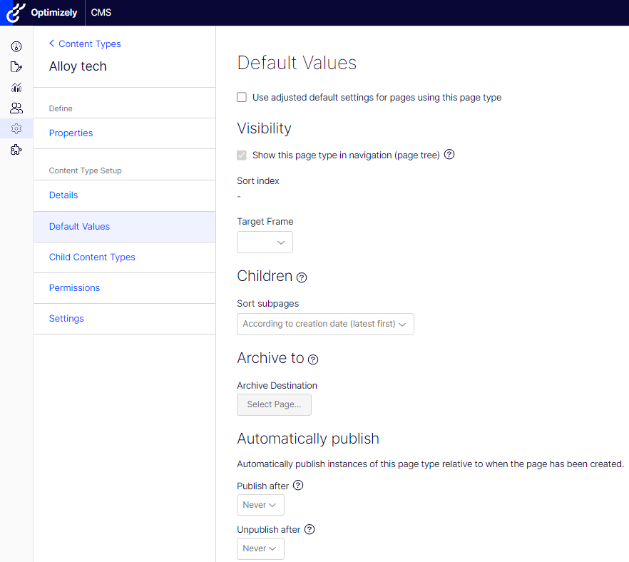Set values on the Default Values tab.