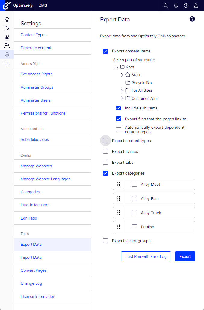 Export data between CMS websites