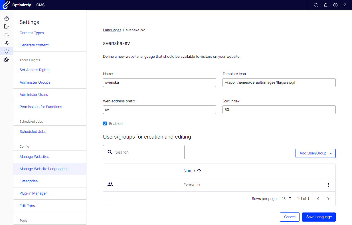 Edit languages settings