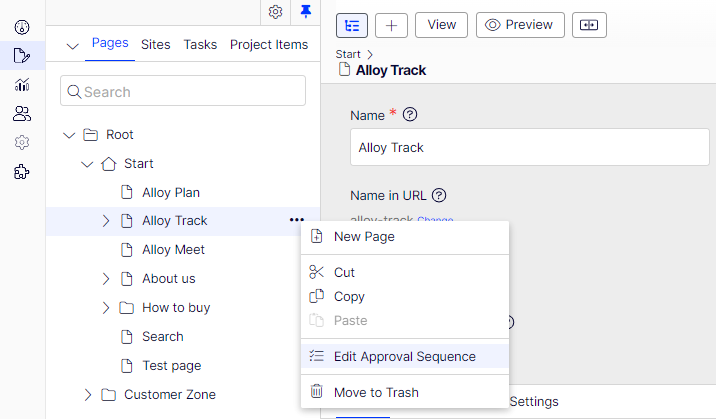 The approval sequence overview is opened from a page's or assets folder's context
  menu