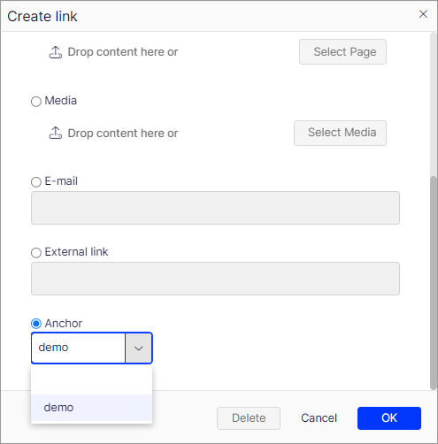 Click Insert or edit link and use the Anchor option to select the anchor to link to.