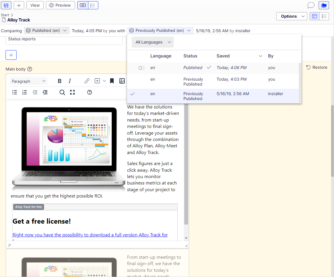 Compare content in on-page edit view