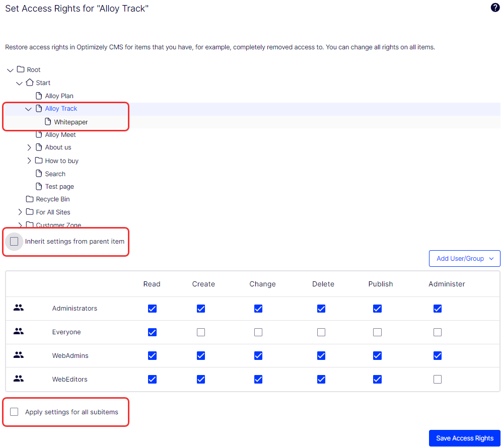Set access rights for Alloy Track content