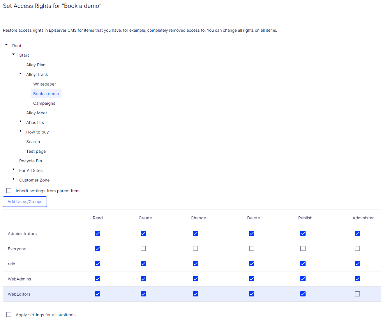 Set access rights for Book a demo