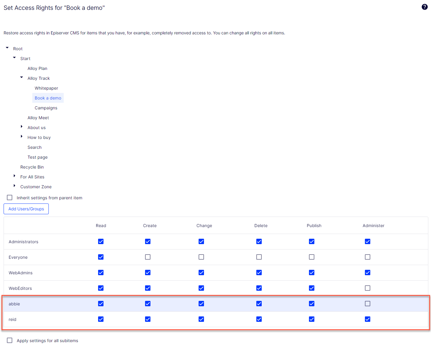Set access rights for users Abbie and Reid
