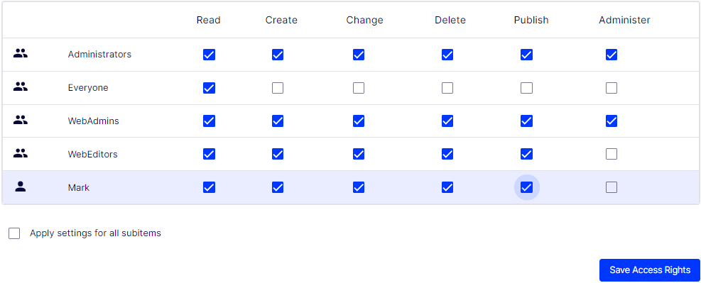 Set access rights for users