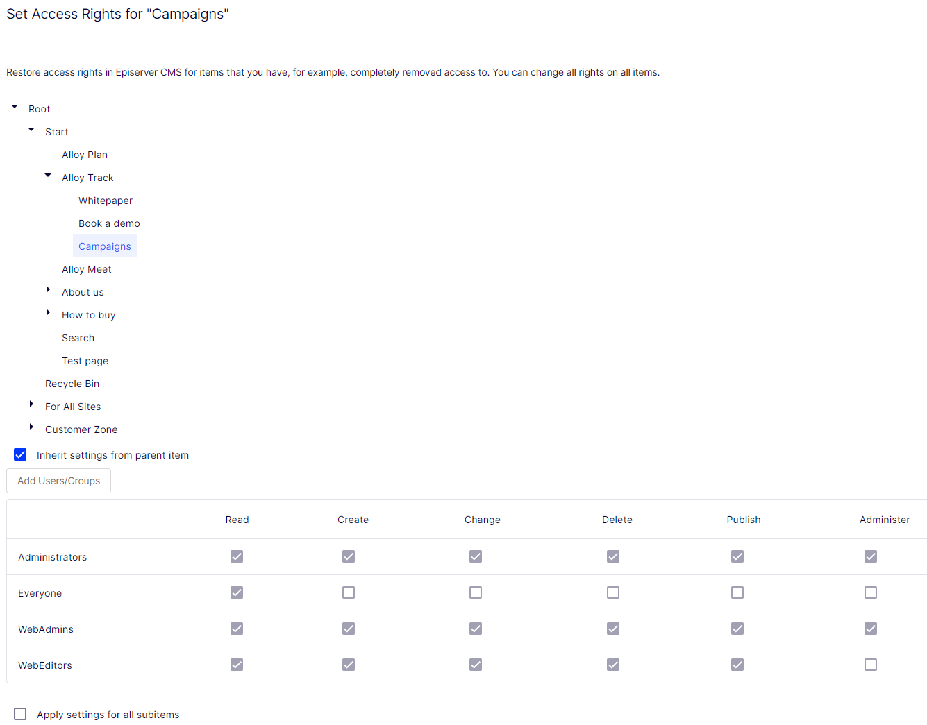 Set access rights for campaigns