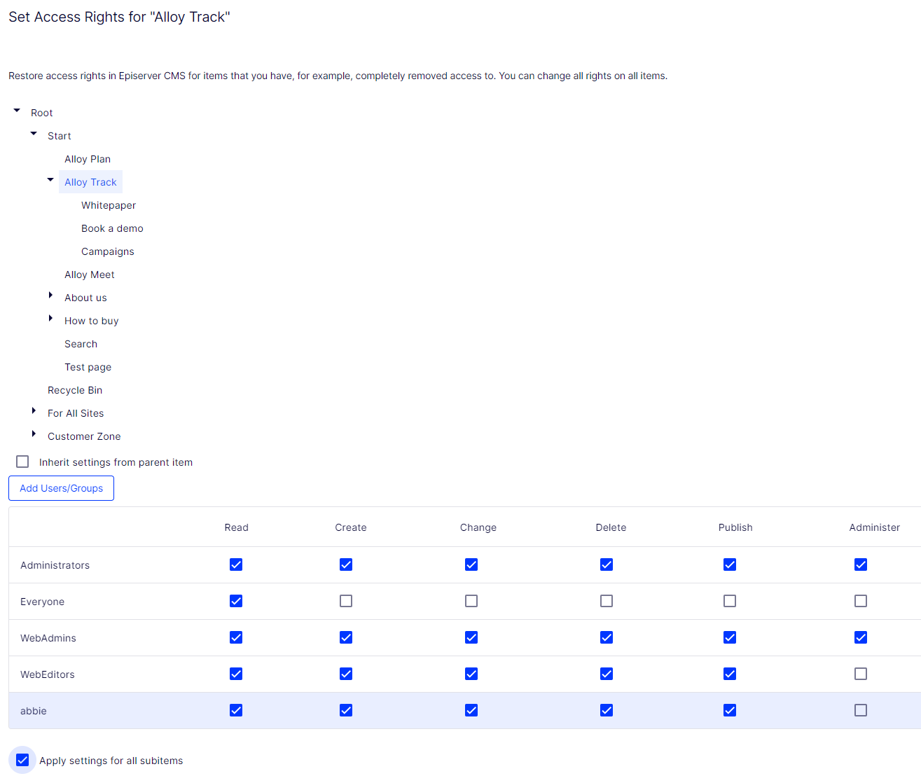 Set access rights for user Abbie