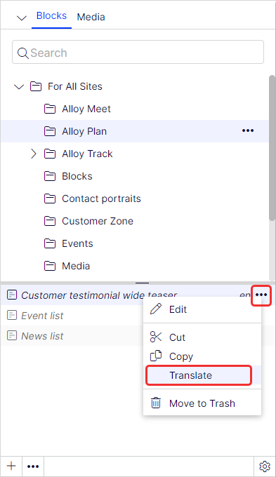 Select the desired block to translate in the block structure and then the
    Translate option in the context menu