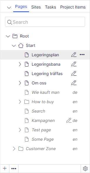 If your master language is English and you switch to Swedish, pages not yet translated
  into Swedish are displayed in italics in the page tree