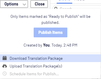 A
    zip file containing XLIFF-formatted content is downloaded, and you can send
    the package for tool translation.