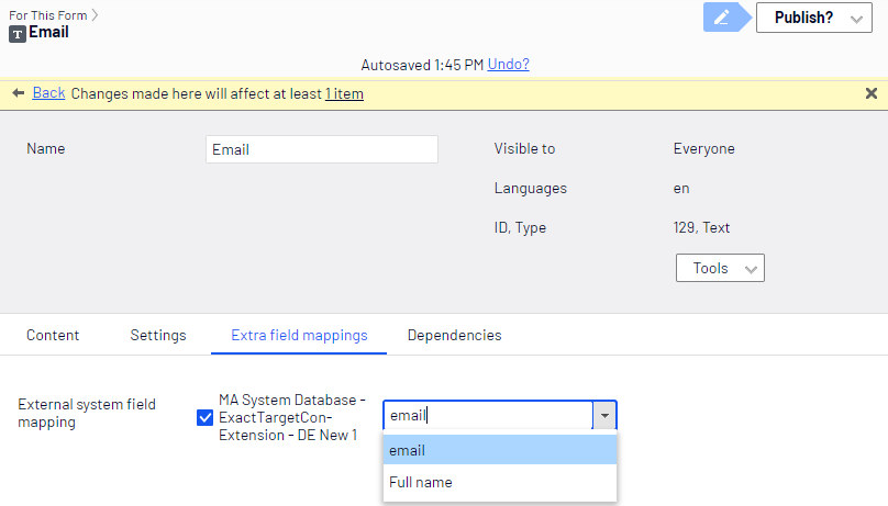 Mapping a Salesforce Marketing Cloud (ExactTarget) DataExtension database field to a form field