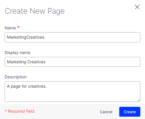 Create page marketing creative page information