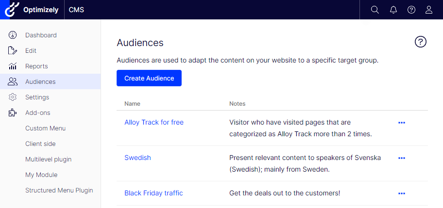 Manage audiences user interface for CMS 12