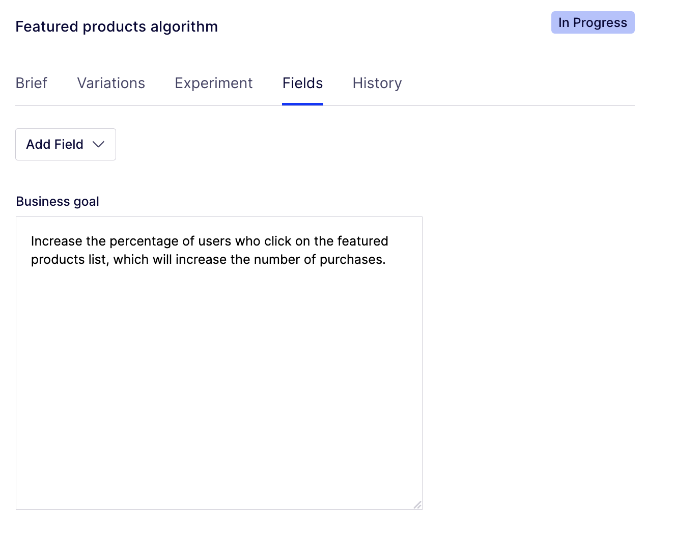 Newly created business goal field