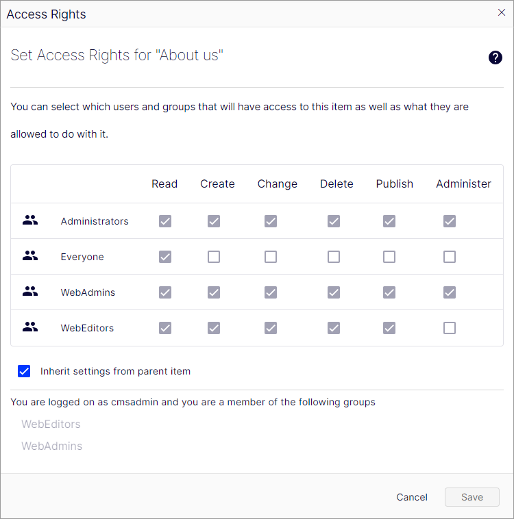 access rights dialog box