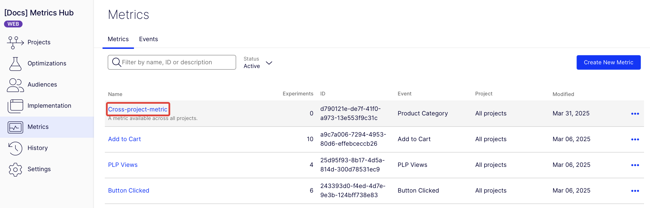 Select a metric from the Metrics Hub.