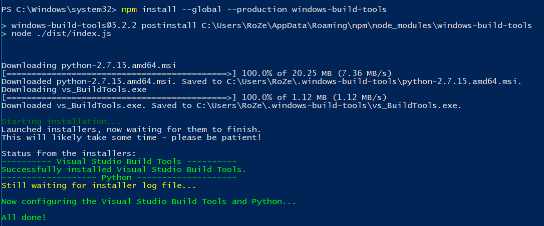 Npm install global windows build tools зависает