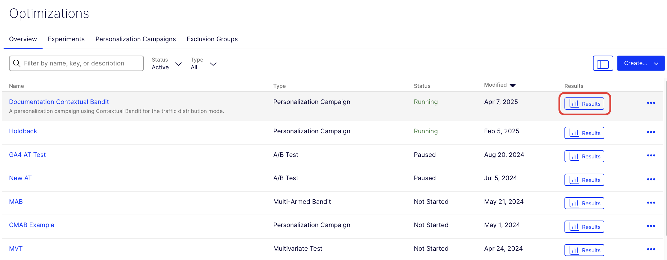 Access Campaign Results from the Optimizations dashboard