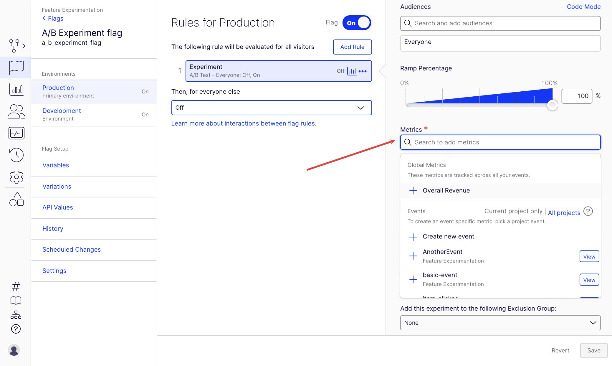 Select Metrics drop-down list to add events 