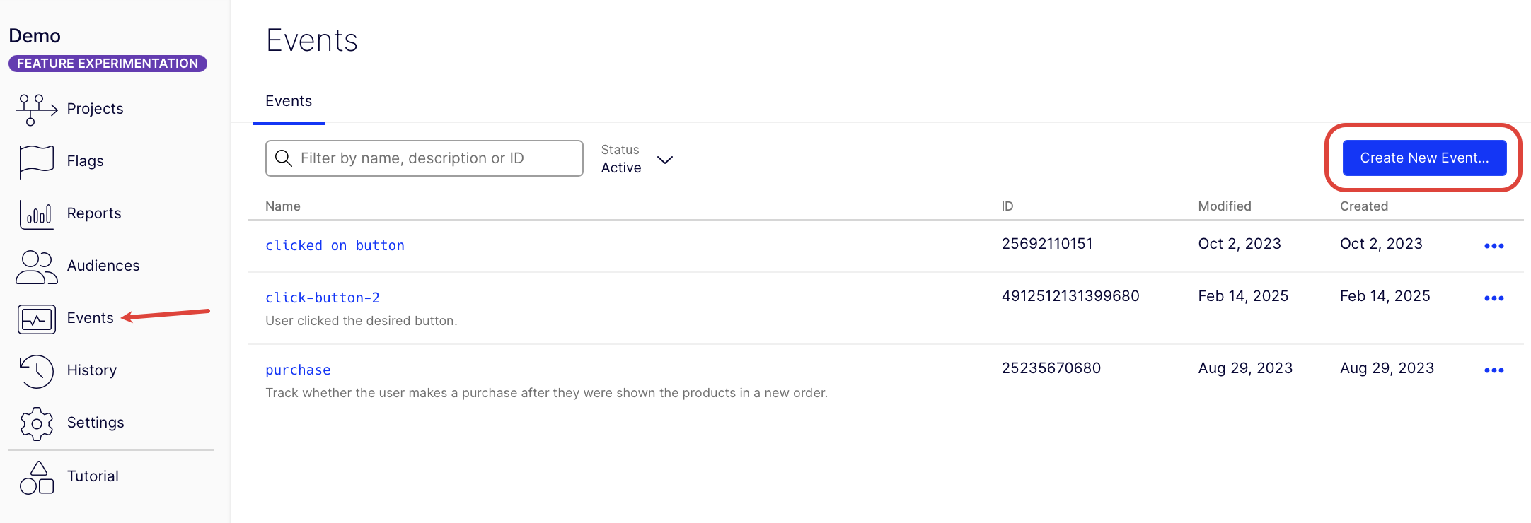 Create New Event from Events tab