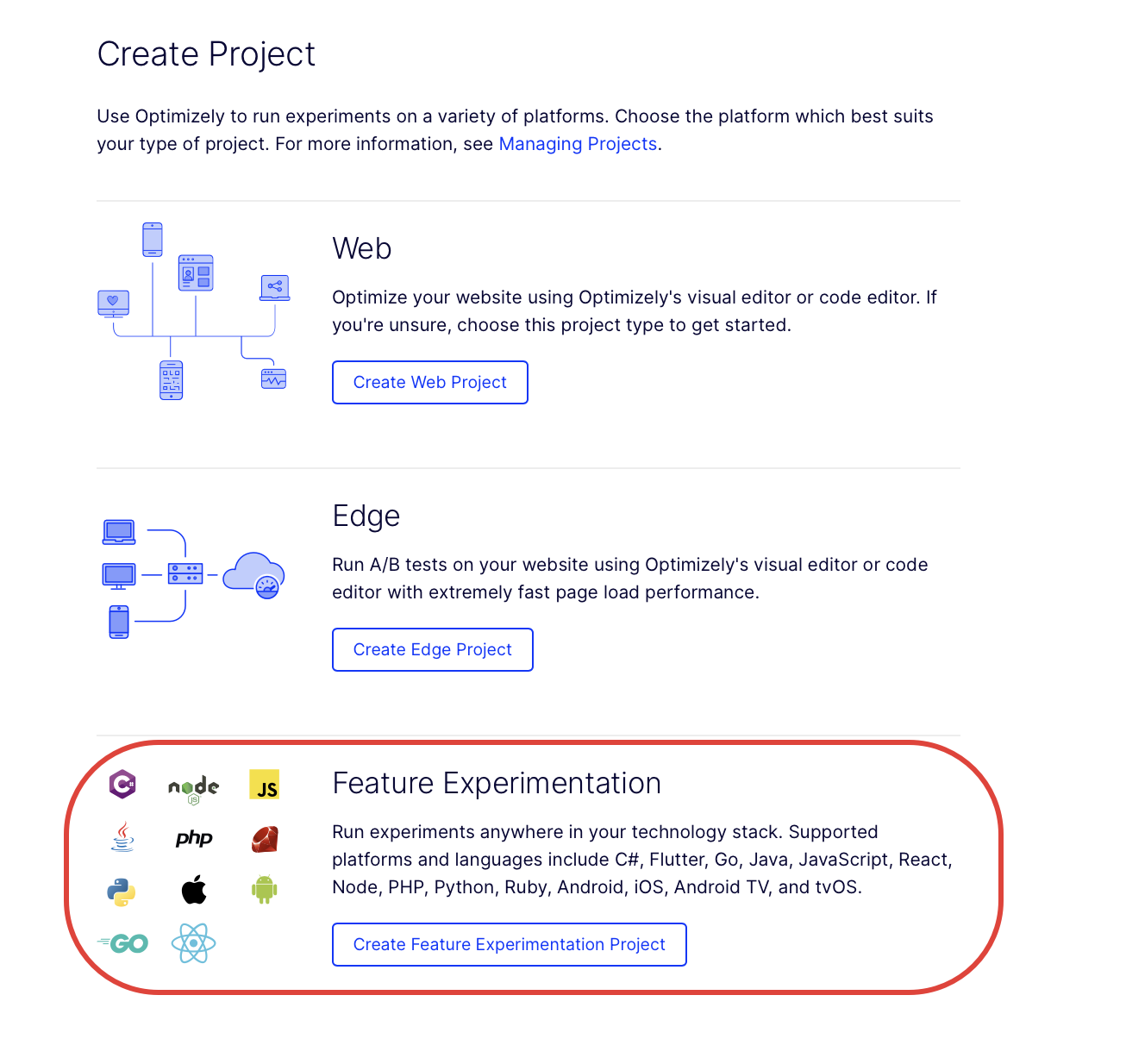 Select Feature Experimentation project type