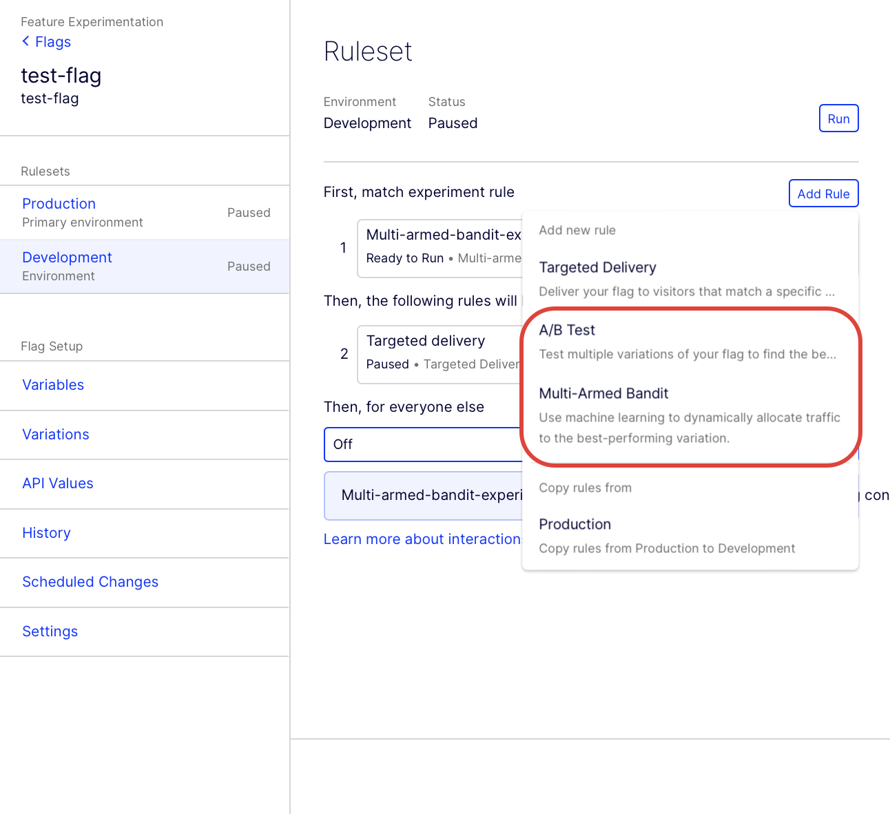 Select A/B test or Multi-Armed Bandit rule