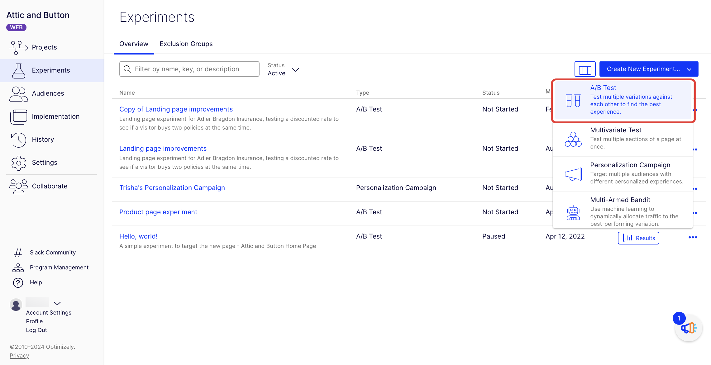 Creating an A/B test in Optimizely Web Experimentation