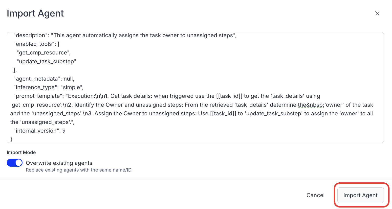Screenshot showing where to click Import Agent.