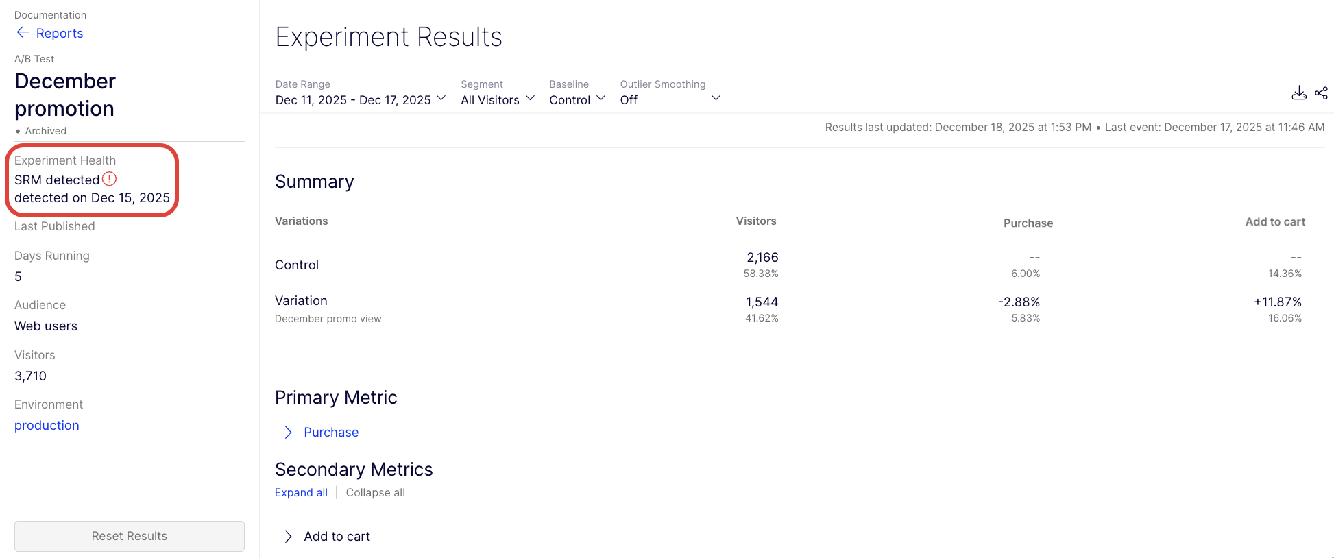 SRM detected Experiment Health