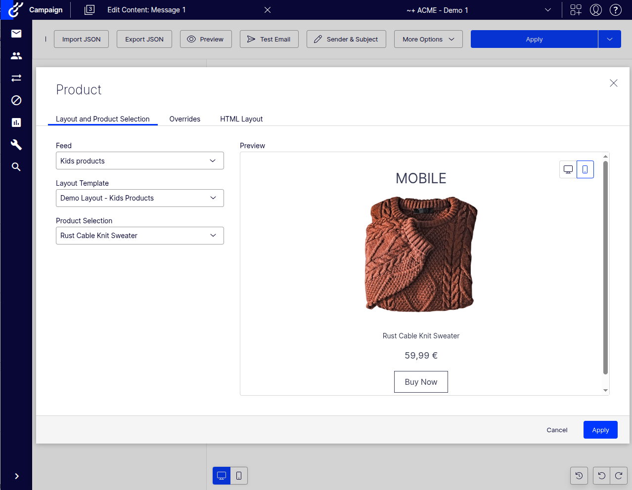 The settings for a product element in the Design Editor for emails.