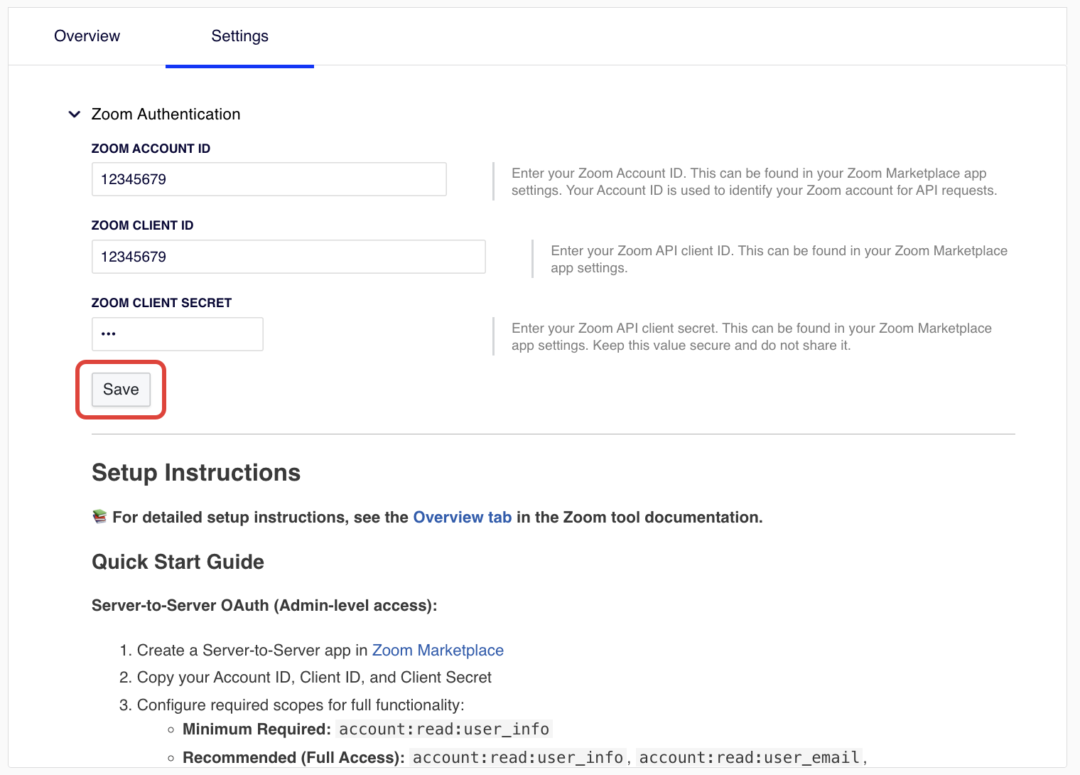 Add Zoom credentials and click Save