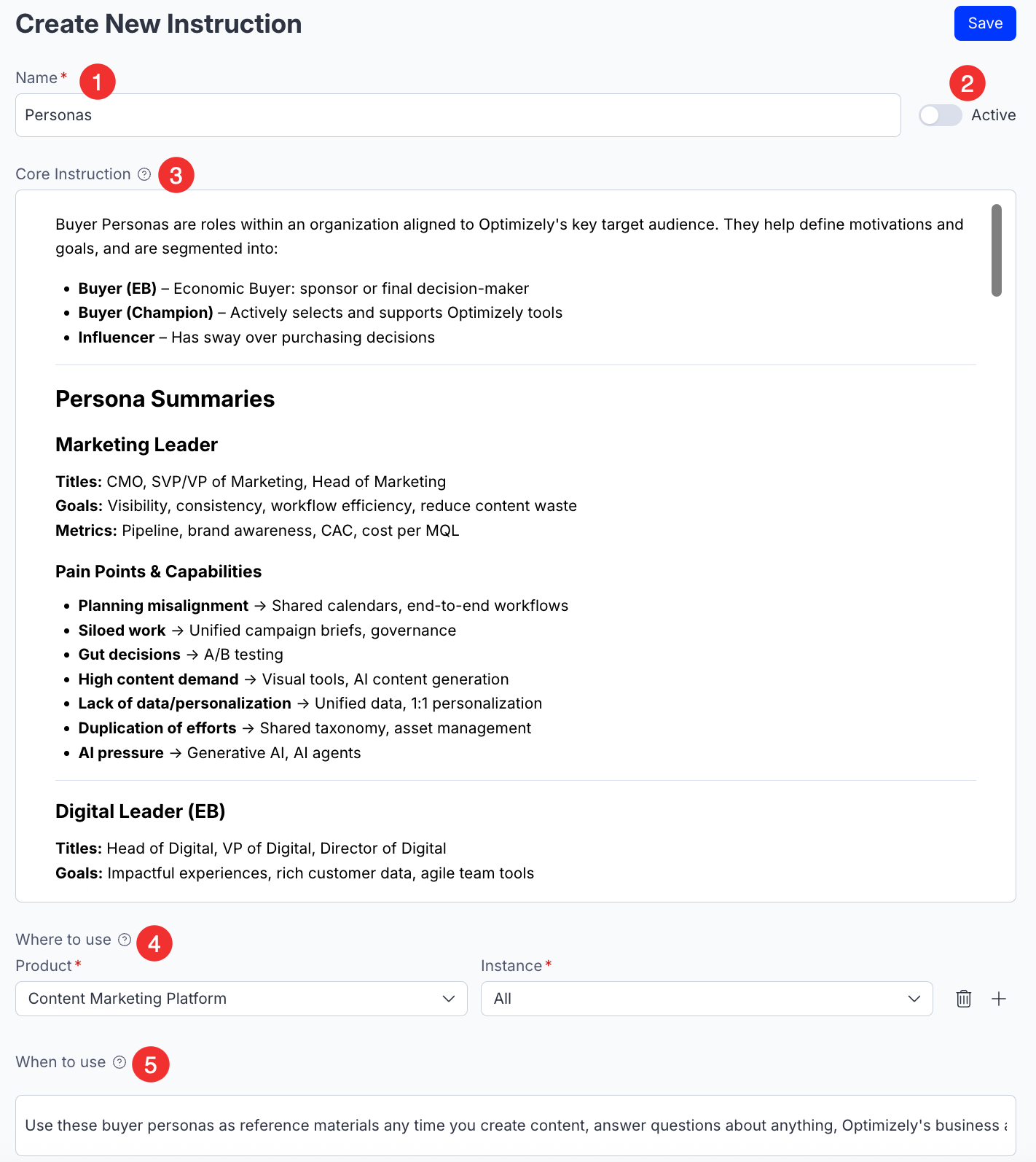 components of an instruction in the Create New Instruction screen