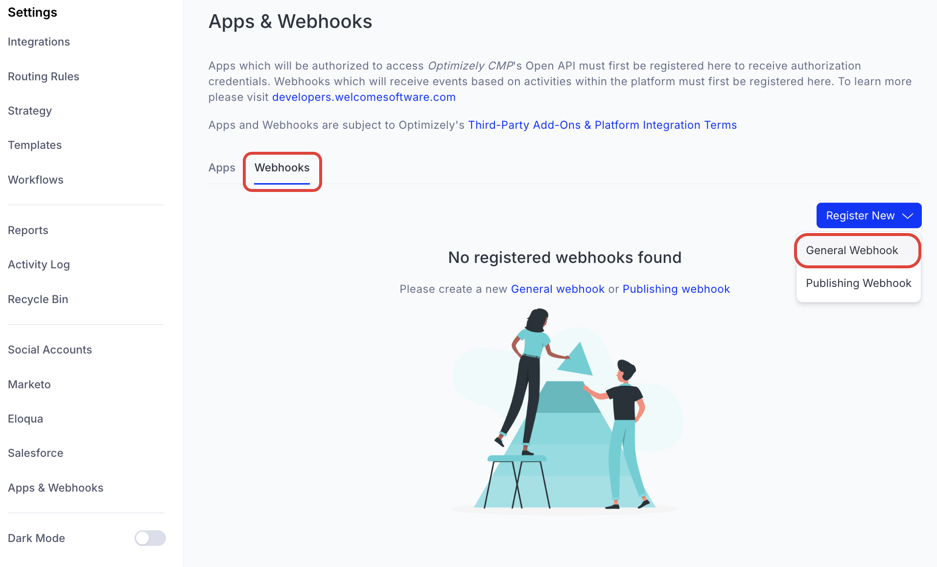 Screenshot of the CMP Webhooks tab showing the Register New button with the General Webhook option highlighted