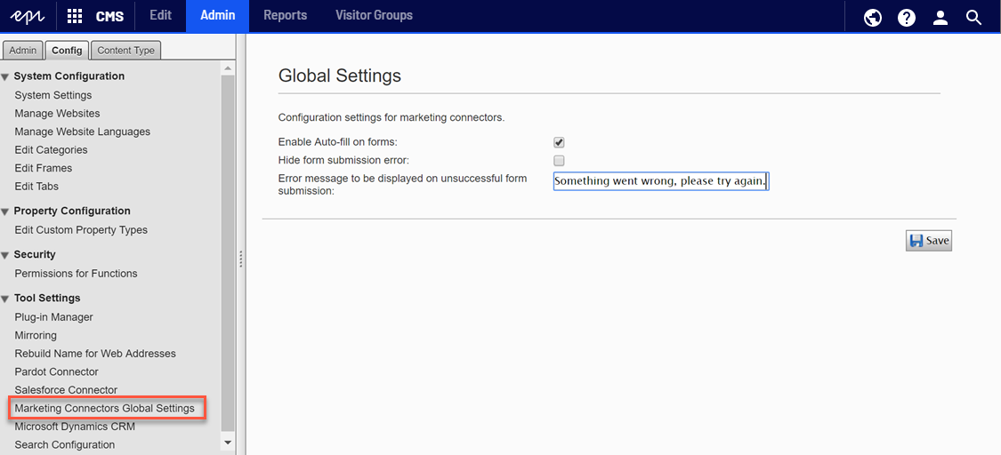 Global Settings for Marketing Automation in CMS 11