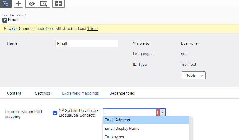Image: Mapping an Eloqua database field to form field