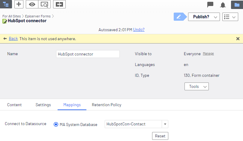 Selecting the HubSpot Contact database
