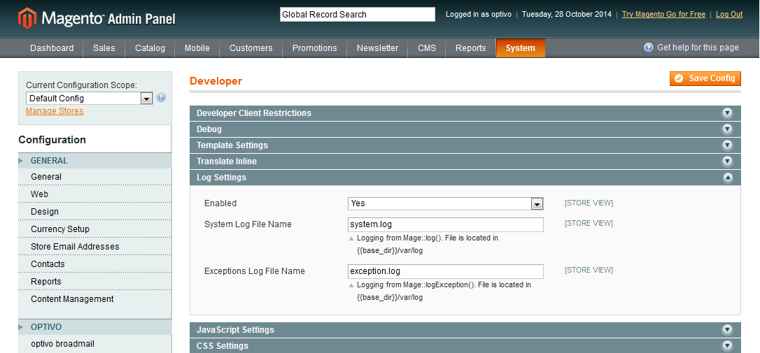 Image: Log settings
