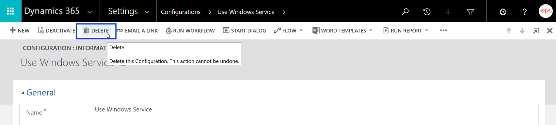 Image: Deleting the configuration