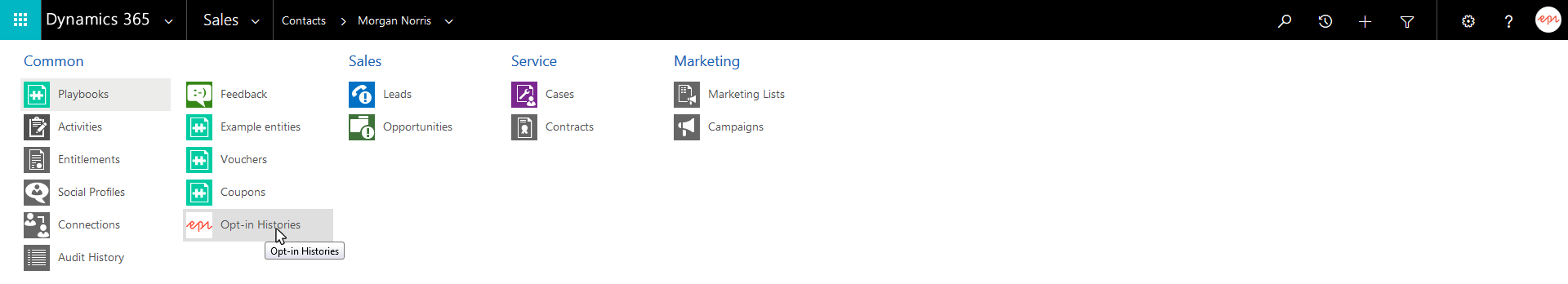 Image: Campaign opt-in history in Microsoft Dynamics menu