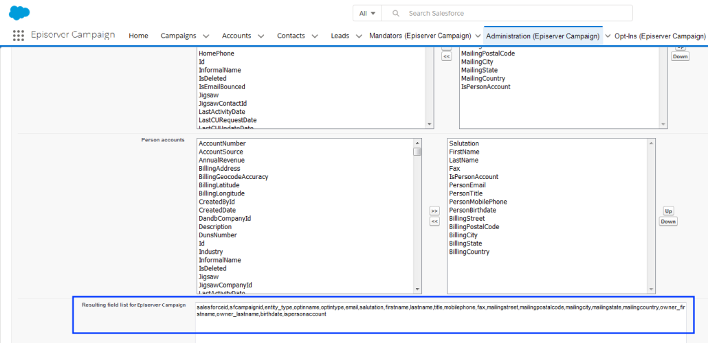 Image: Field list for Episerver Campaign