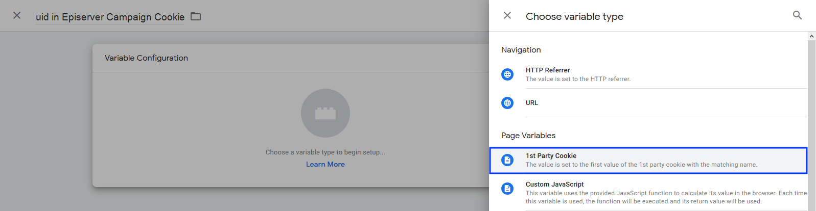 Image: Select 1st Party Cookie variable type