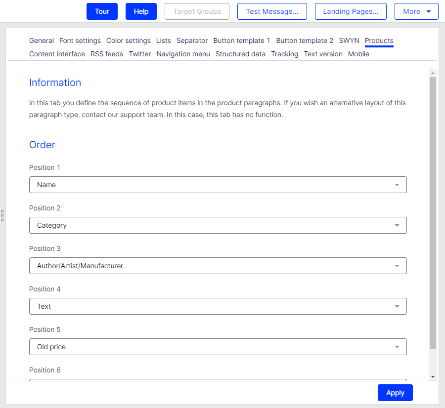 Image: Product tab, Order area