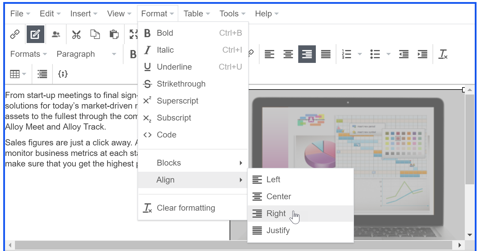 Image: Aligning images using the Format Align option on toolbar